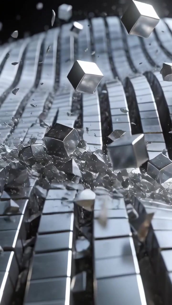 Video verticale: Superficie metallica scanalata che si frattura, lanciando cubi e schegge dopo l'impatto in studio.