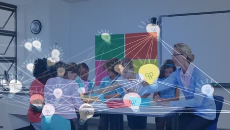 animación de la red de conexiones con bombillas y clase de alumnos diversos