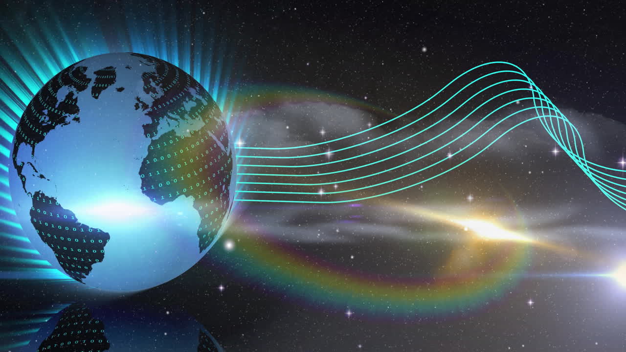Digital Earth globe floating in space, streaming neon-teal data waves through binary code overlay