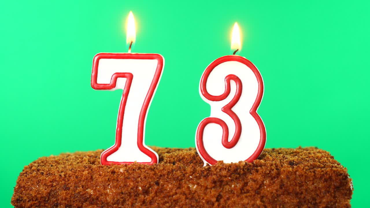 Cake with the number 73 lighted candle. Chroma key. Green Screen. Isolated