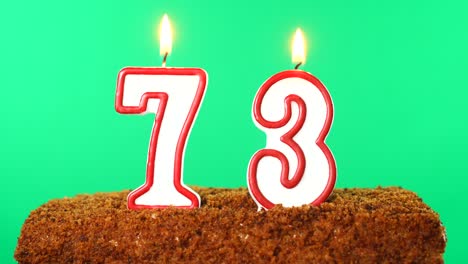 cake with the number 73 lighted candle. chroma key. green screen. isolated