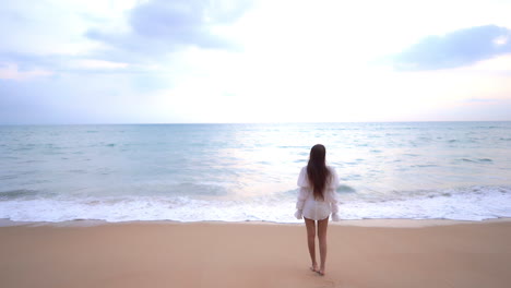 Eine-Junge-Frau,-Die-Mit-Dem-Rücken-Zur-Kamera-Am-Strand-Steht,-Sieht-Zu,-Wie-Die-Brandung-Heranrollt