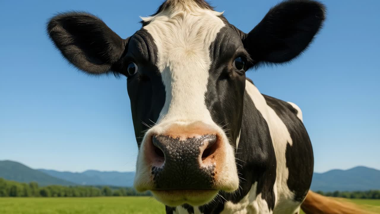 Lähikuva, matalasta kuvakulmasta, mustavalkoisesta lehmästä vihreällä pellolla kirkkaan sinisen taivaan alla, täydellinen.