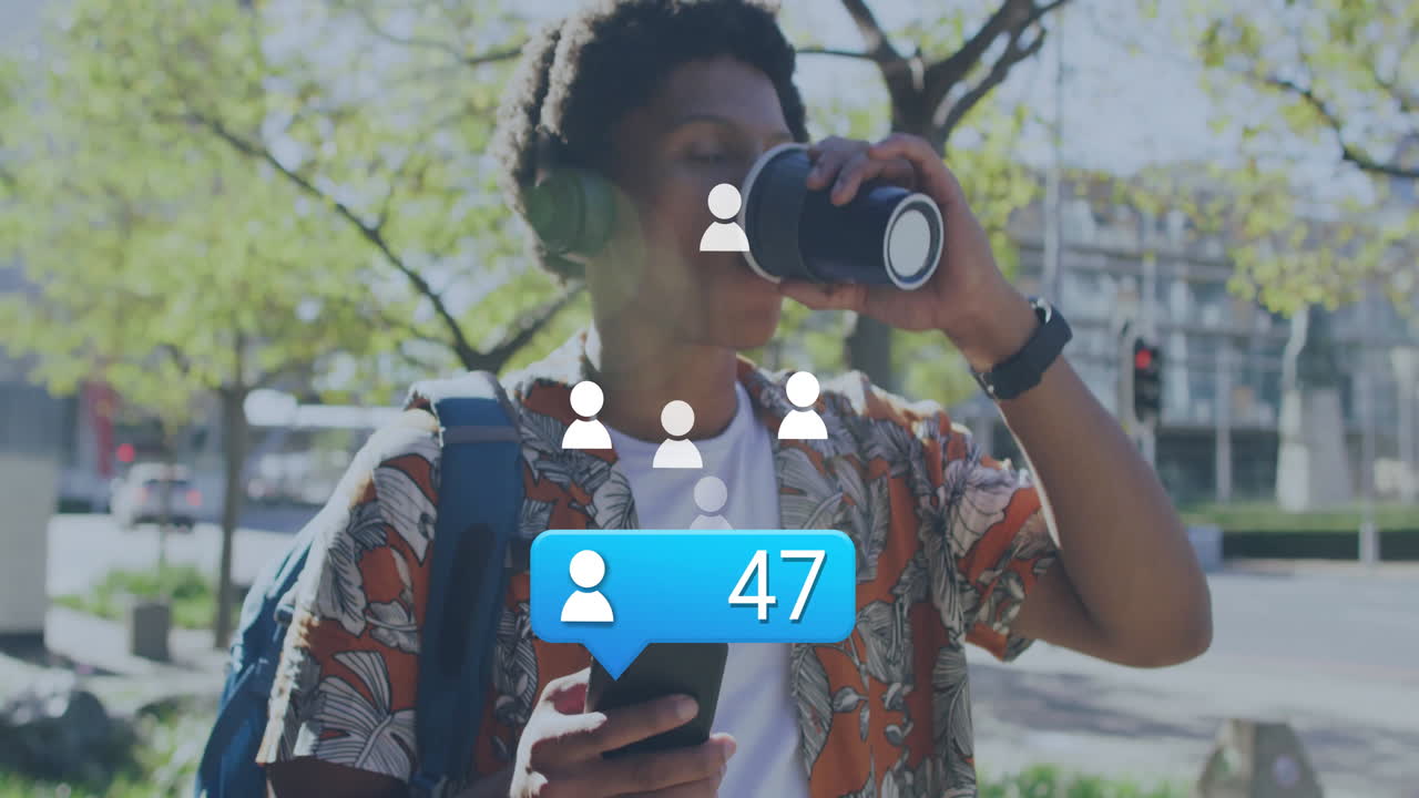 Man using smartphone outdoors, with animated user icons and notification bubble boosting marketing