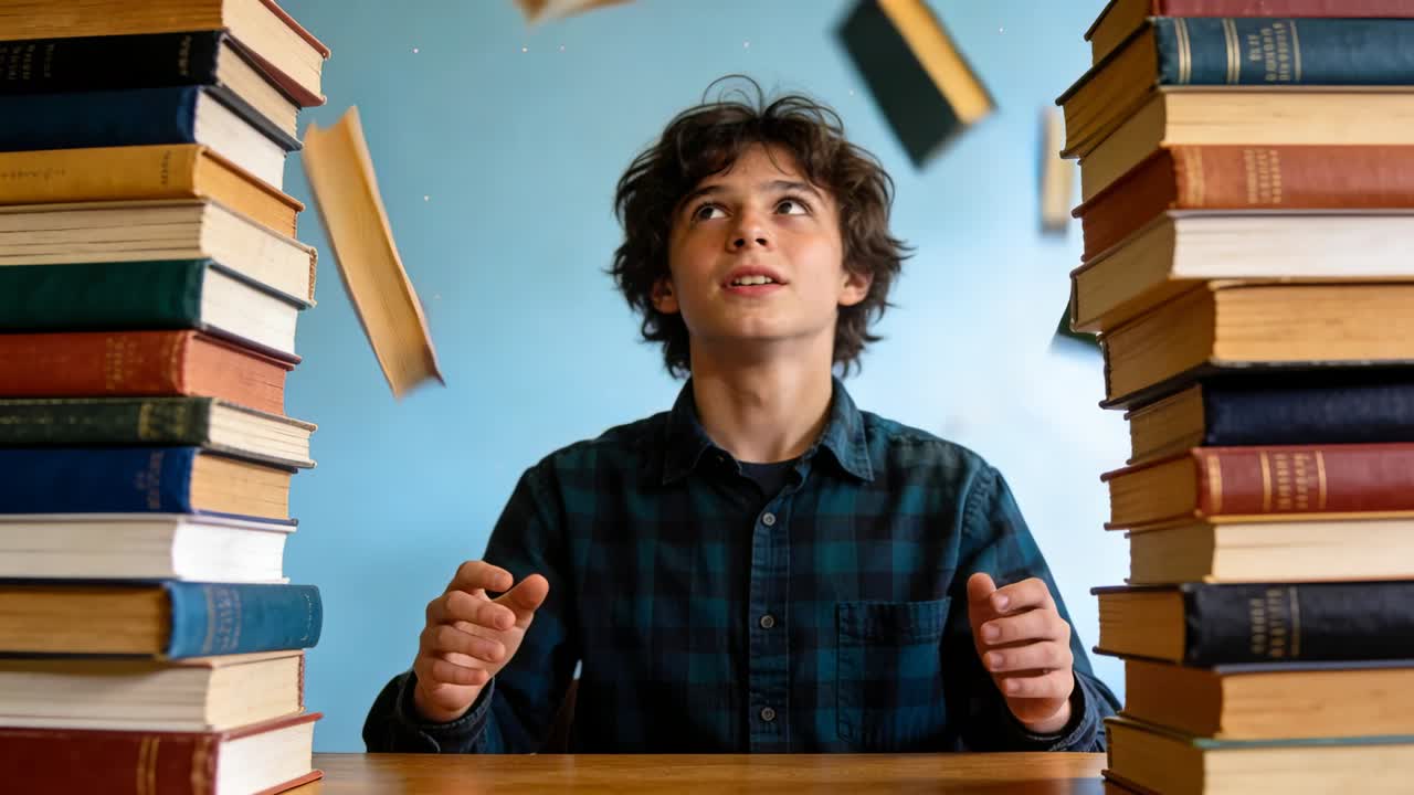 Un adolescente in camicia a quadri che guarda i libri cadere sulla scrivania tra pile di libri, cercando di stabilizzarli.