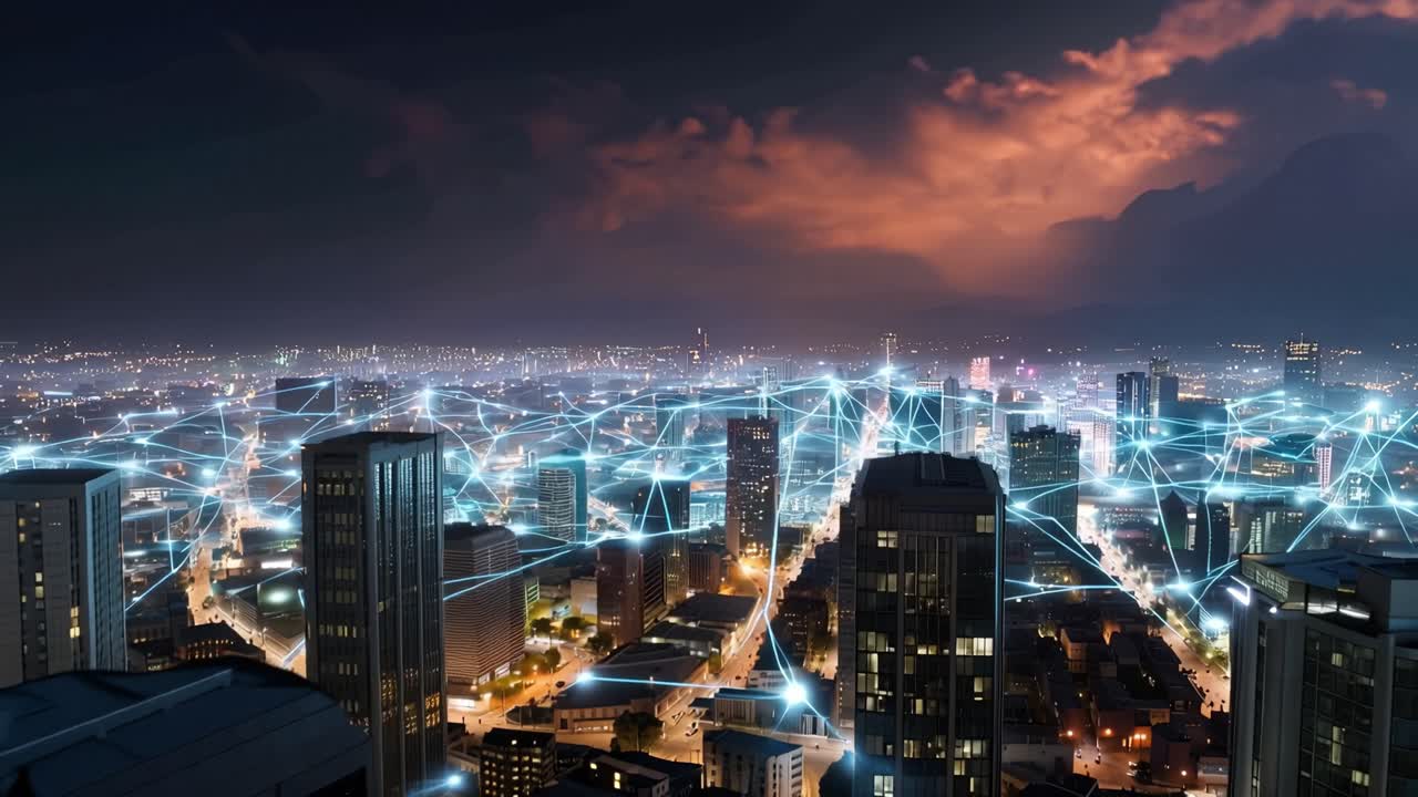 Paesaggio urbano notturno illuminato con connessioni di rete dinamiche e vivace vita cittadina, che mostra il futuro della connettività urbana e l'innovazione tecnologica.