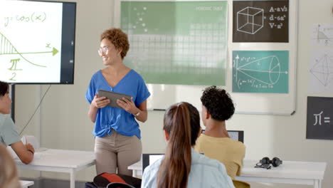 in high school, using tablet and explaining math concepts, teacher engaging students