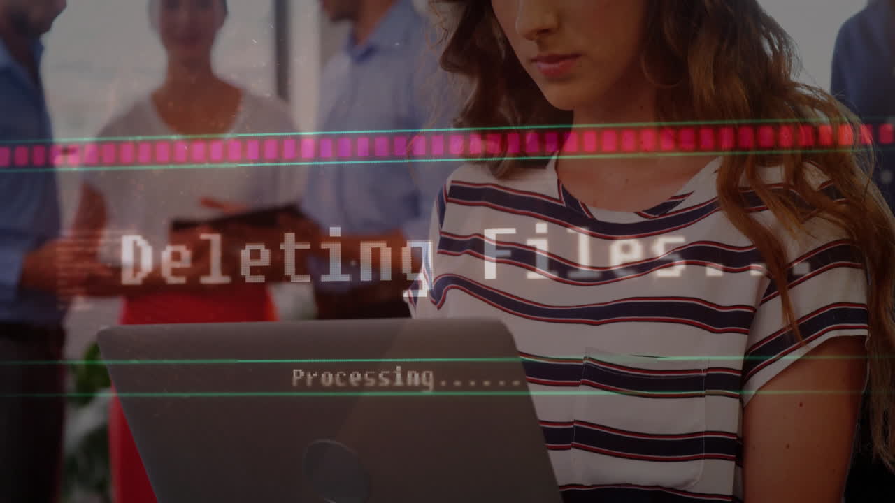 Woman using laptop with processing animation over diverse people in background
