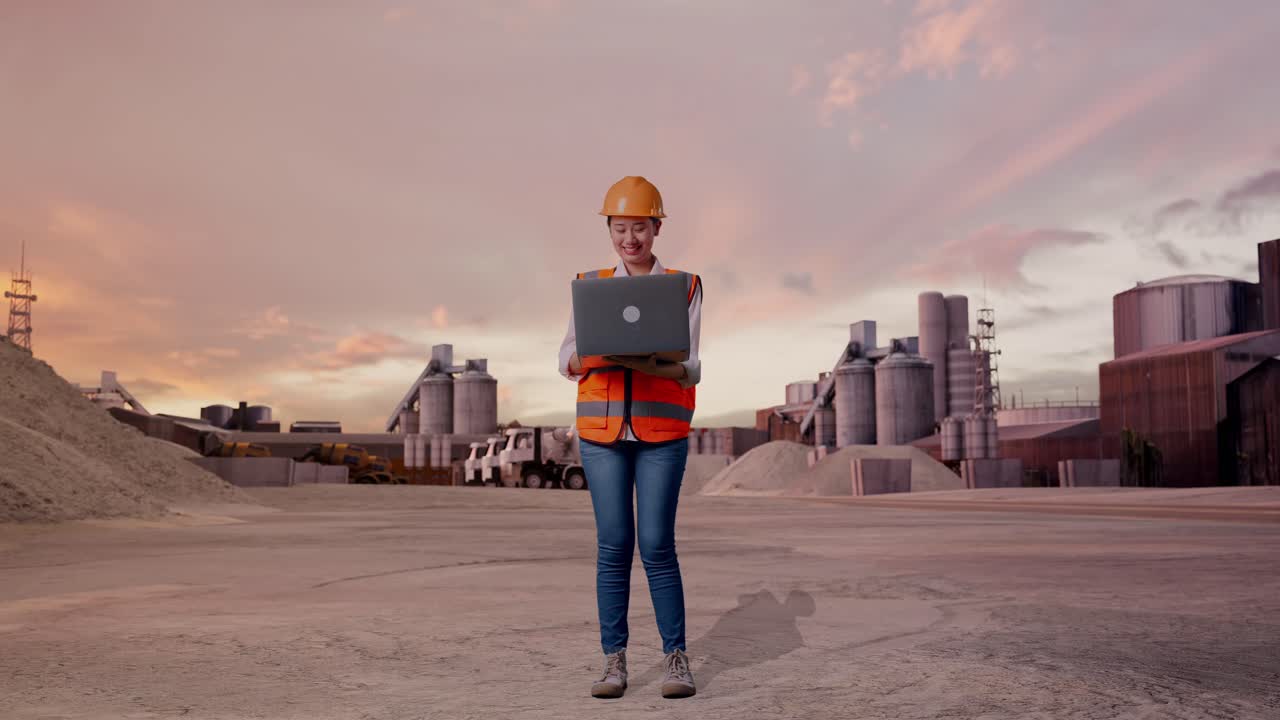 Fuld figur af asiatisk kvindelig ingeniør med sikkerhedshjelm, der arbejder på en bærbar computer og kigger sig omkring, mens hun står ved et industrielt cementanlæg med cementbiler ved solnedgang.