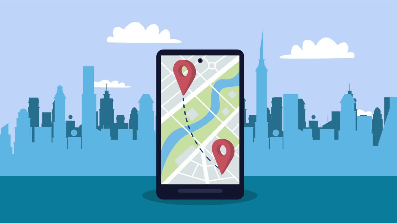 cityscape con teléfono inteligente y servicio de gps