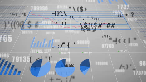 animation of financial data processing over grid on grey background