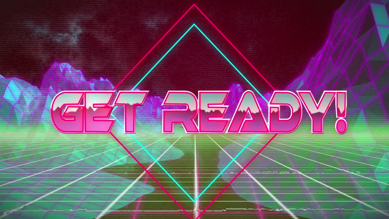 보라색 배경에  선과 디지털 산 위에 준비 텍스트의 애니메이션