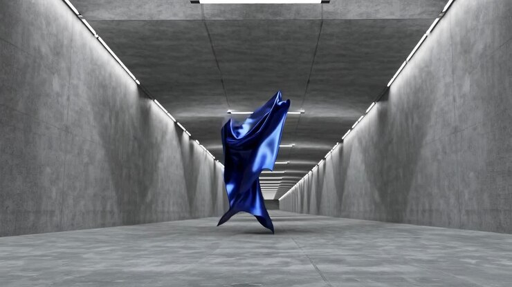 Abstract Blue Fabric Drape in a Modern Concrete Tunnel