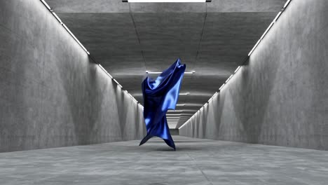 abstract blue fabric drape in a modern concrete tunnel