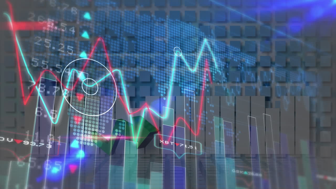 animación de estadísticas y procesamiento de datos financieros sobre el mapa del mundo