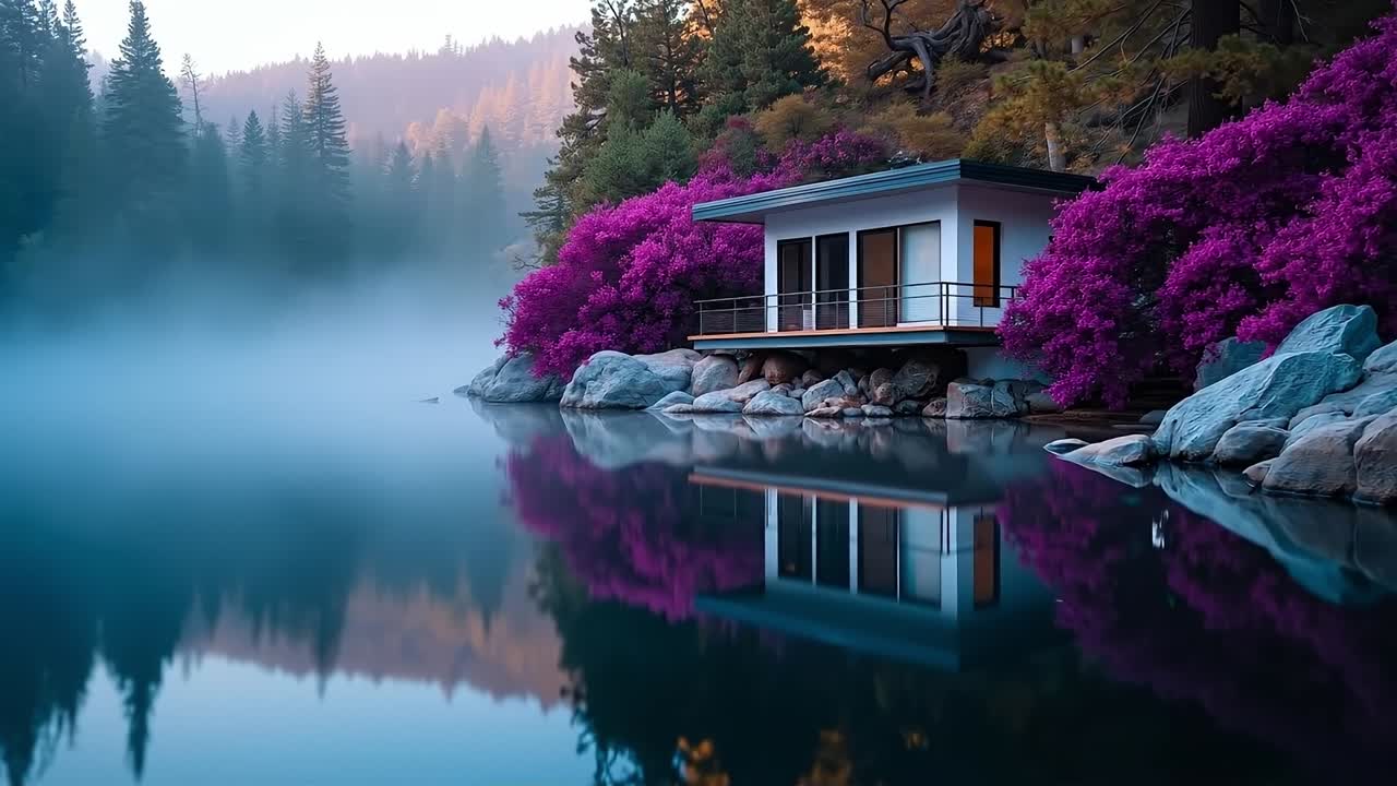 A house sitting on top of a mountain next to a body of water