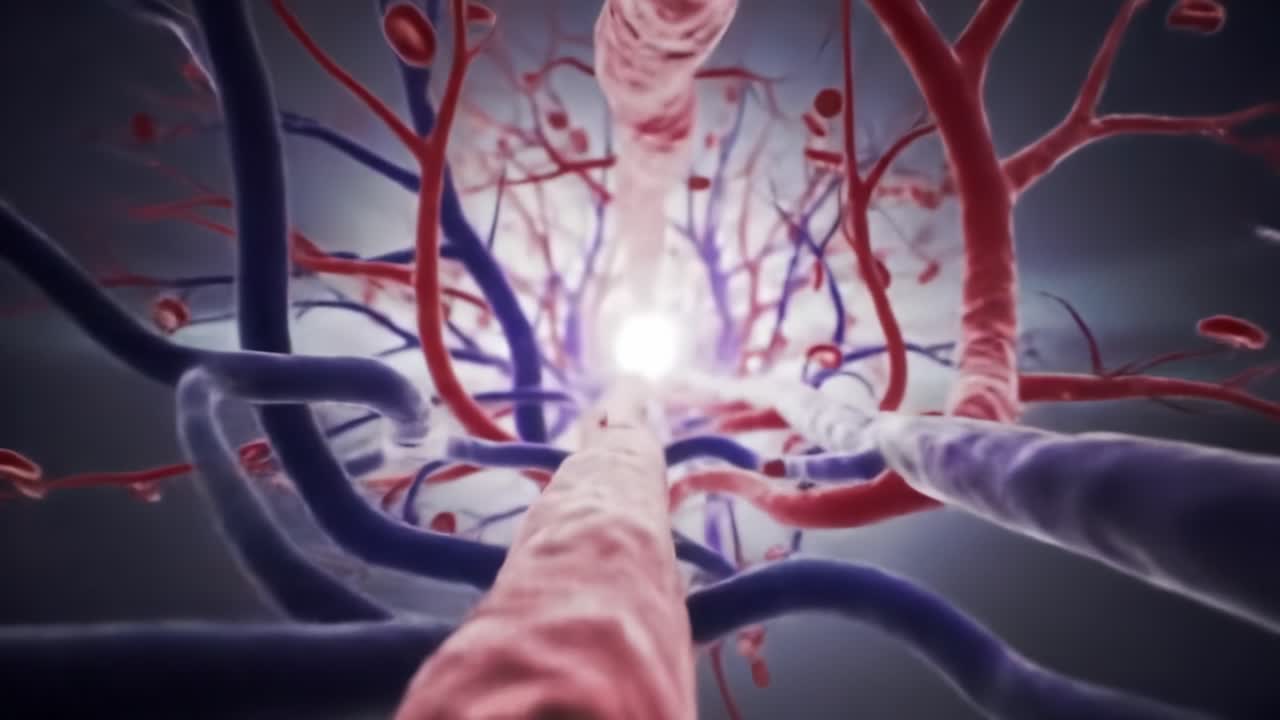 An Intricate Journey Through the Human Circulatory System: A 3D Visualization of Blood Vessels and Red Blood Cells Flowing Within Veins and Arteries