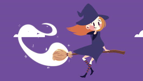 happy halloween animation with witch flying