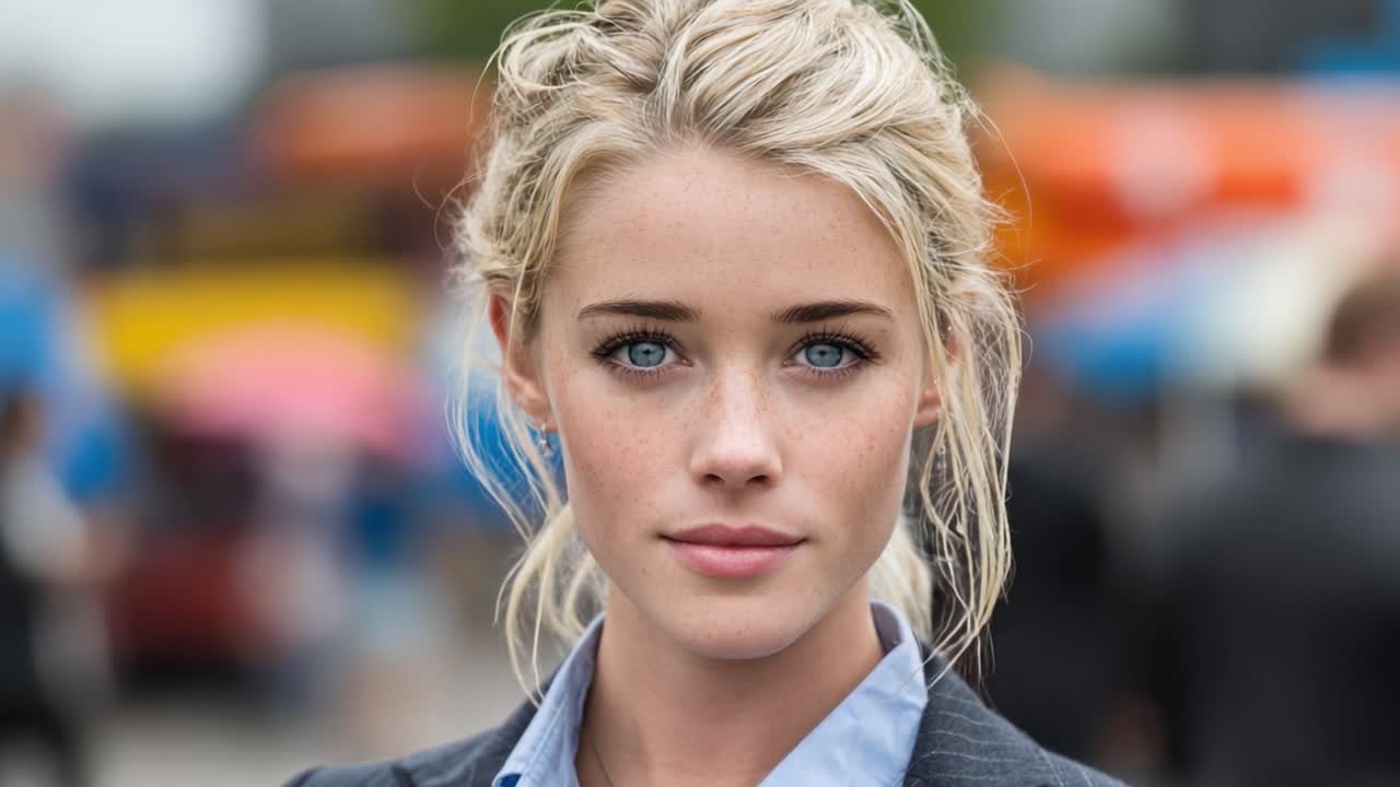 A confident young woman with striking blue eyes and blonde hair, dressed in a smart business outfit, stands poised against a colorful background bustling with activity