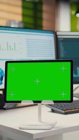 vertical video empty office showcases tablet with isolated chroma key and modern tools