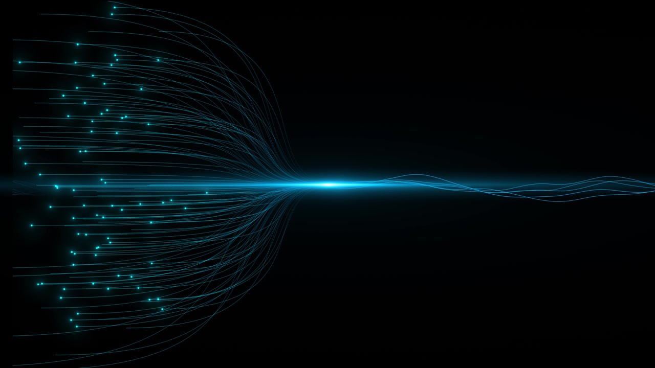 Cyan fiber optic light lines converge bright center on black background with glowing dots and smooth