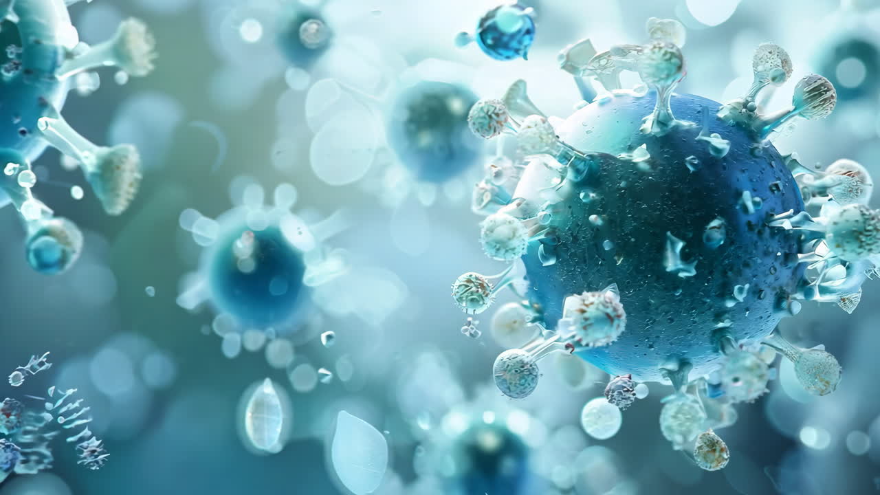 A close up of a blue and white virus. The virus is surrounded by a blue and white background