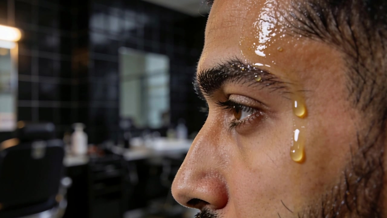 Sliding viscous golden droplets down adult male client's face at salon, gravity pulling, copy space