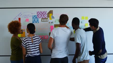 Team of executives discussing over sticky notes on whiteboard