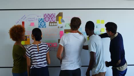 team of executives discussing over sticky notes on whiteboard