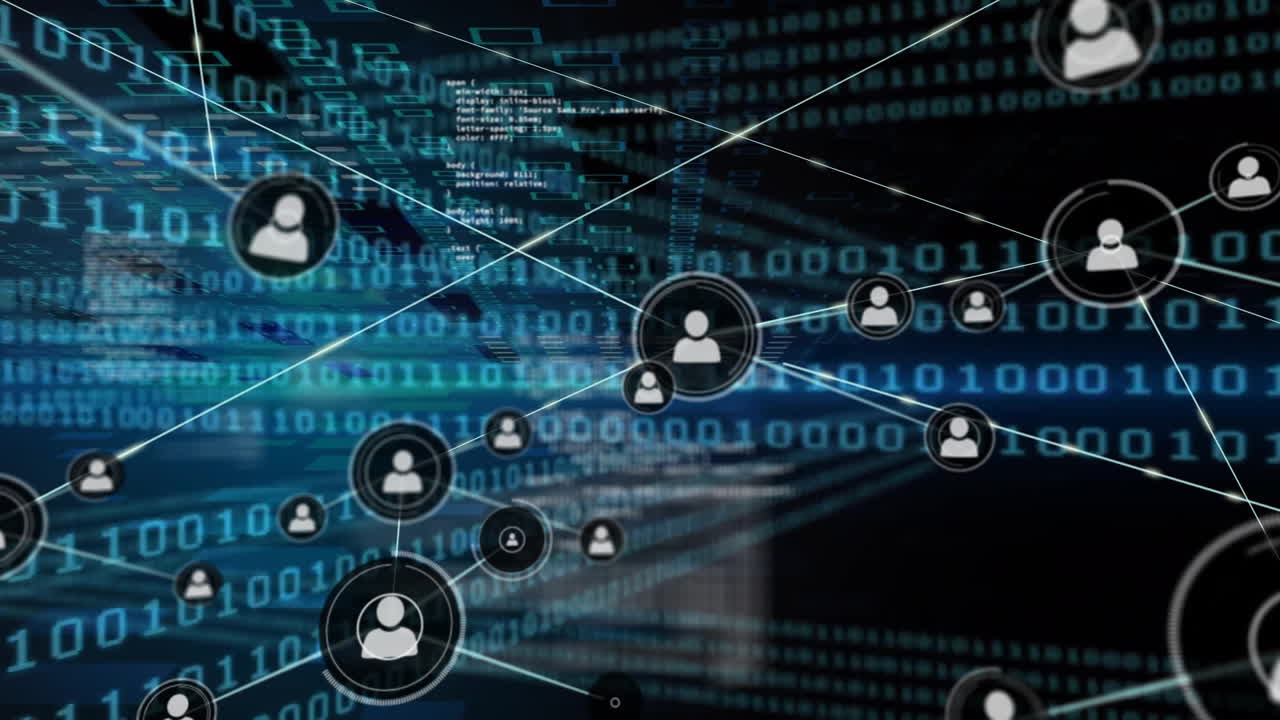 animación de la red de conexiones con iconos sobre el procesamiento de datos sobre fondo negro