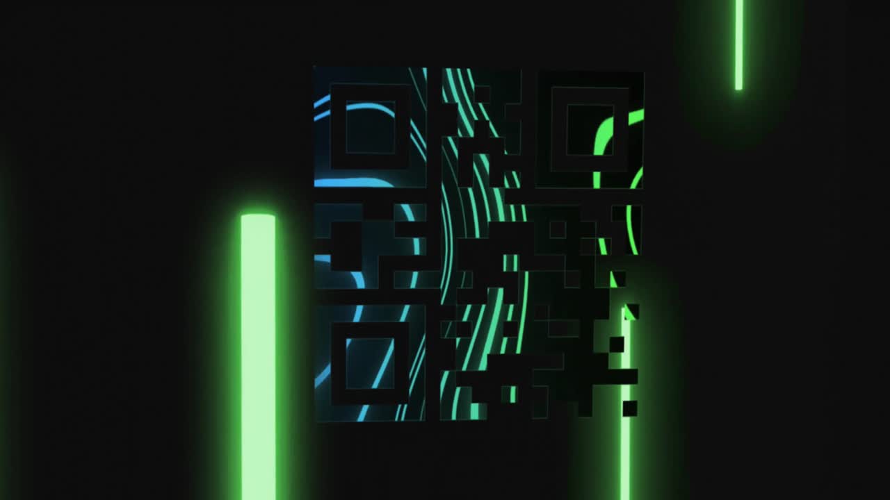 검은색 배경에 반이는 줄무를 가진 qr 코드에서 지문 패턴의 애니메이션