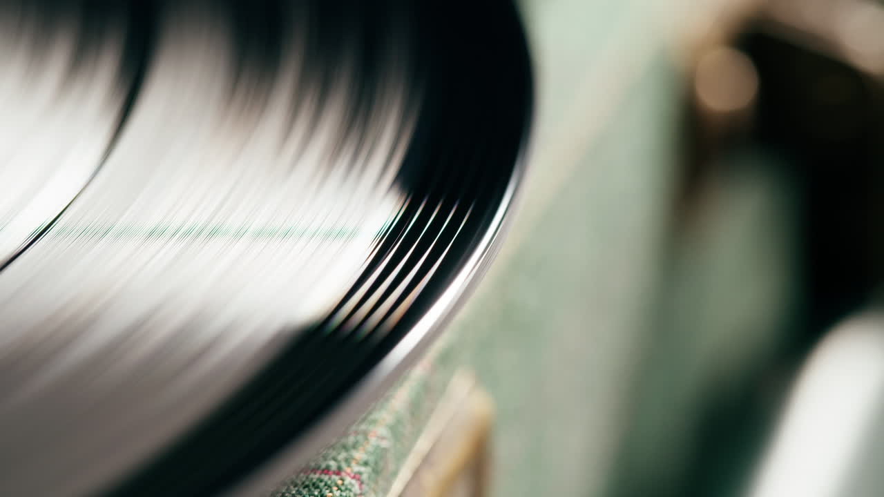 Close-up of a Vinyl Record Spinning on a Turntable
