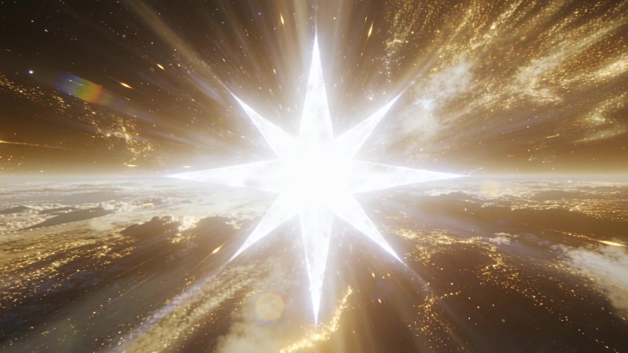 軌道上の地平線上で星形に広がる光が強まり、街の明かりとフレアを照らしている。
