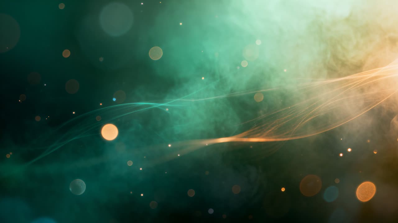 Motion starting, teal mist and amber ribbons drifting across abstract space with bokeh and sparks