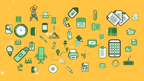 animación digital de puntos blancos flotando sobre múltiples iconos de conceptos de negocios sobre un fondo amarillo