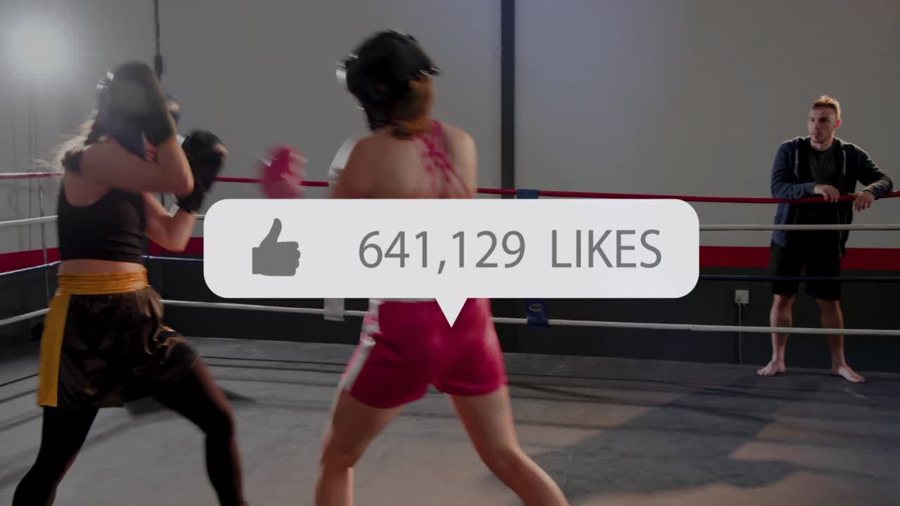 Female boxers sparring in ring, trading jabs, driving likes overlay over torsos, climbing for reach