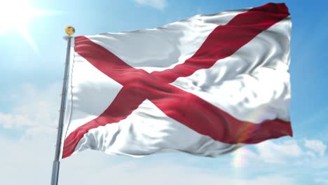 4k 3d illustration of the waving flag on a pole of state of alabama in united states of america