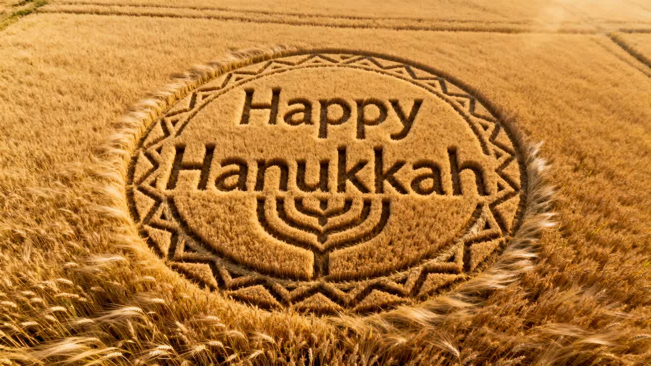 Zooming drone camera revealing Happy Hanukkah carving and menorah in wheat, showing carved texture