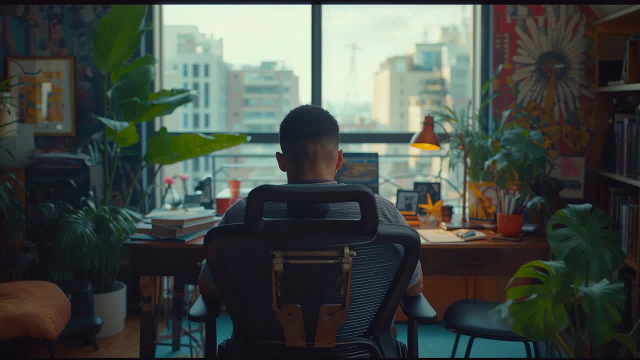 Noticing notebooks, man leaning forward and glancing at notes at home office, with desk lamp