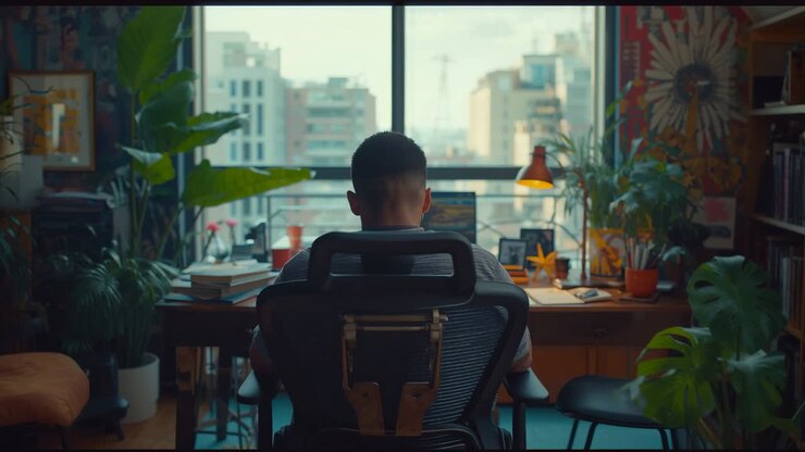 Noticing notebooks, man leaning forward and glancing at notes at home office, with desk lamp