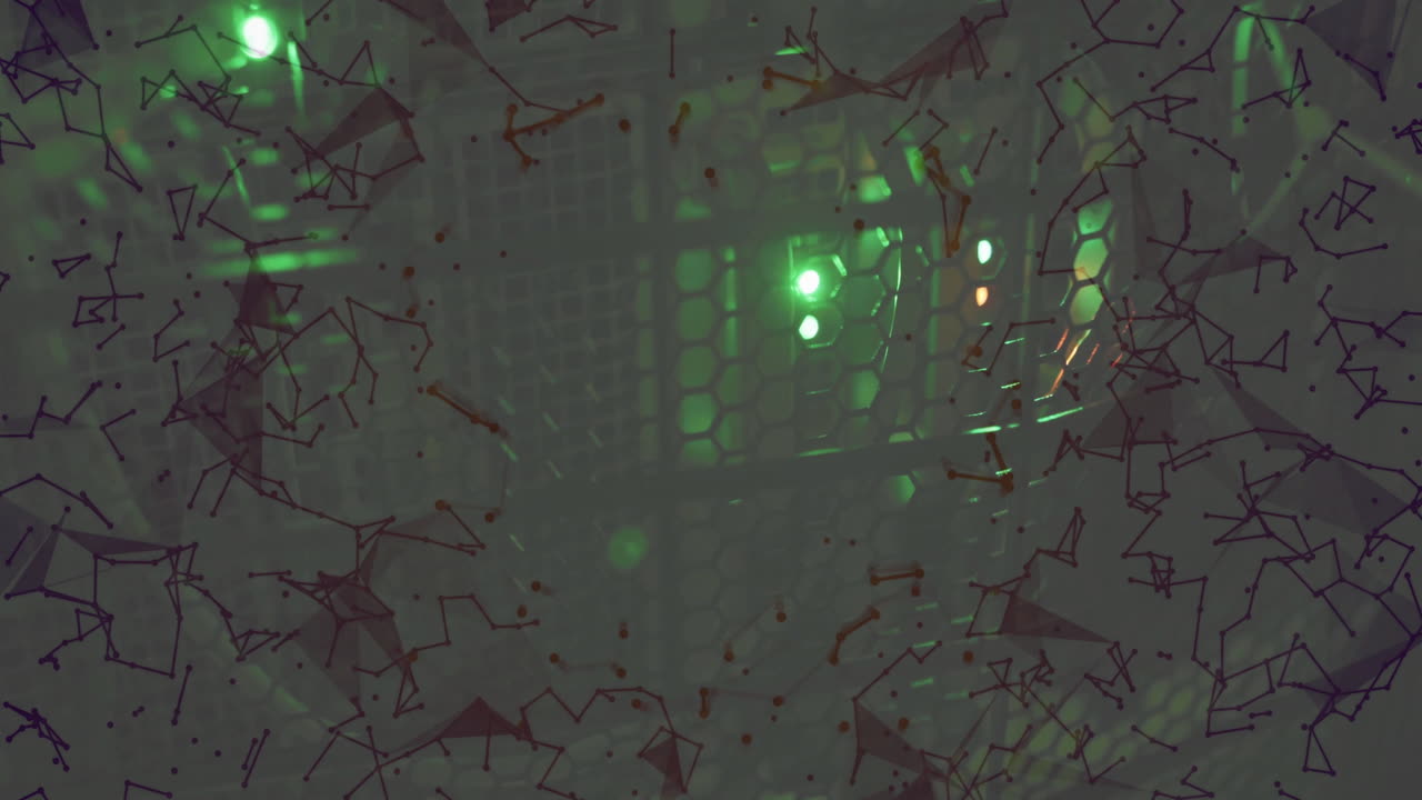 Animation of glowing green lights in network connections in tech environment