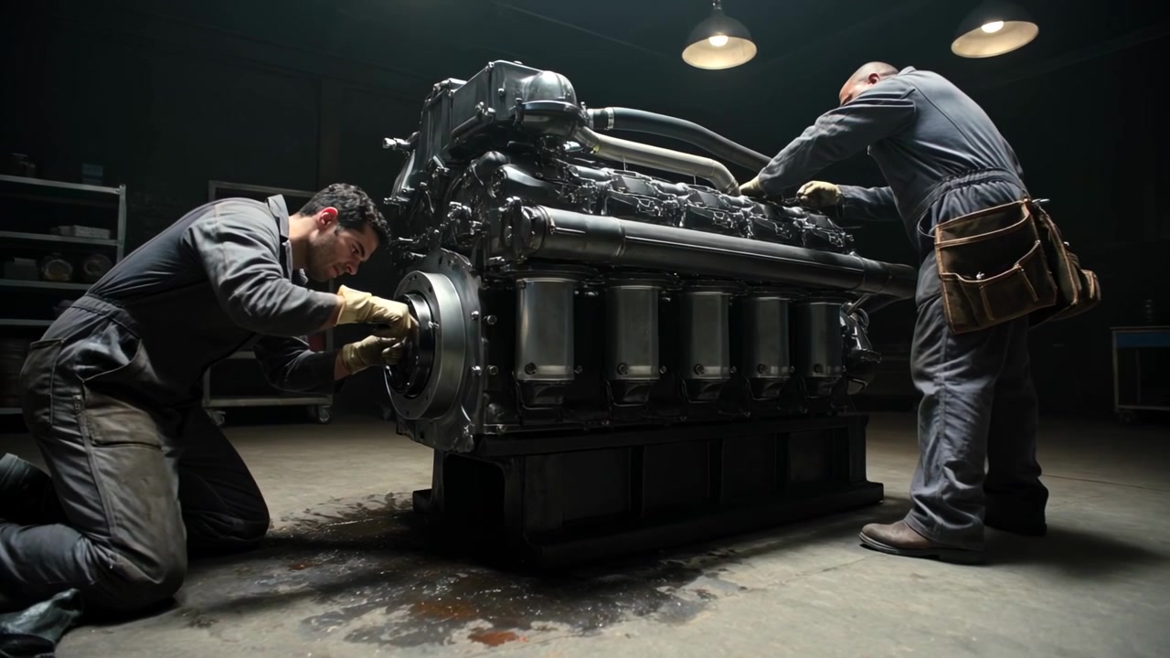 Kneeling tech adjusting front flange as standing belted tech reaching into engine in shop repairing