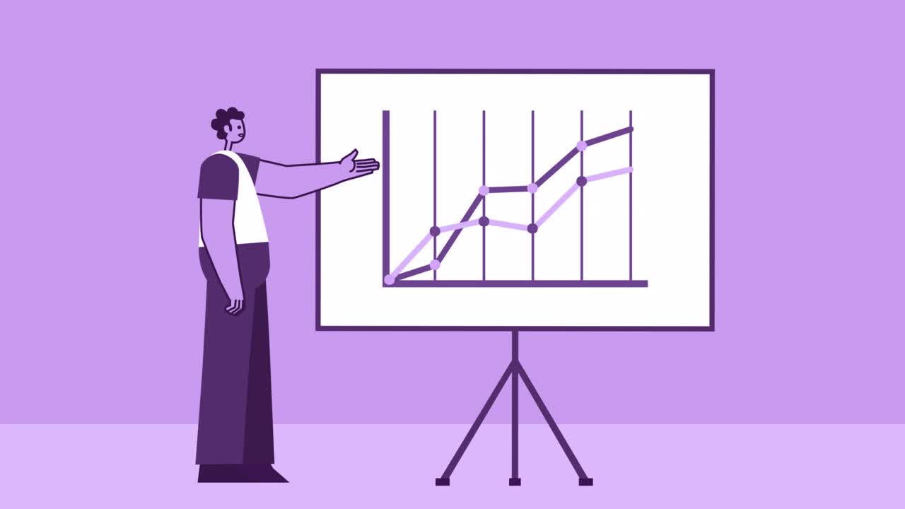 보라색 스타일 맨 플래트 캐릭터는 그래프보드에서 성장 차트를 보여줍니다. 알파 채널을 가진 고립 루프 애니메이션