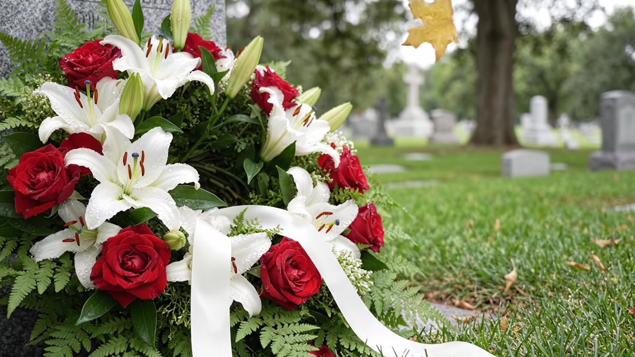 Una Bella Corona Floreale di Rose Rosse e Gigli Bianchi che Adorna una Tomba in un Sereno Cimitero, Simboleggiando Amore e Ricordo.