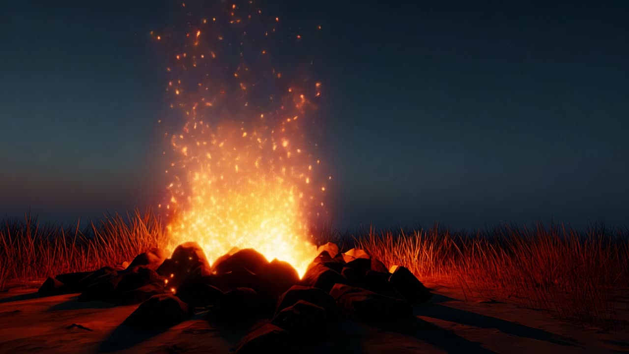 A mesmerizing fire pit blazes brightly against the twilight sky, casting flickering sparks into the cool evening air, creating a warm and inviting atmosphere for gathering and storytelling