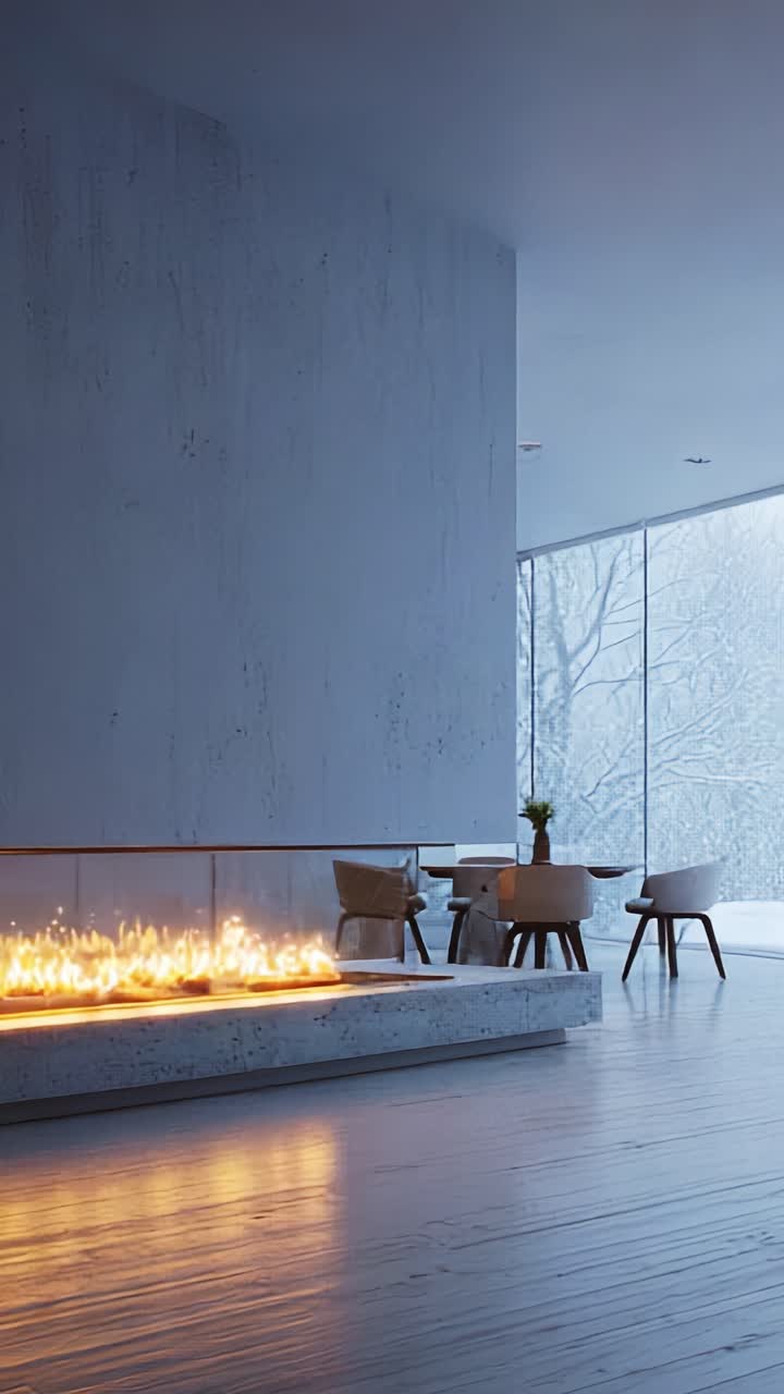 Elegant, moderne stue med en hyggelig pejs og smuk vinterudsigt gennem store vinduer, der fremviser minimalistisk design og en varm atmosfære