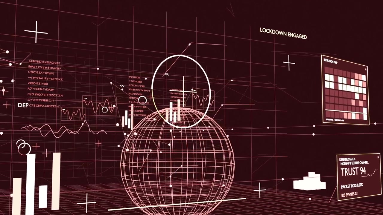 Detecting intrusion, system aligning reticle on stacked globe and orb in grid HUD, LOCKDOWN ENGAGED