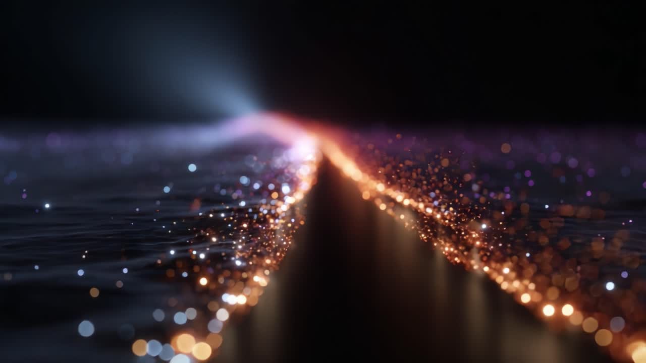 Un'immagine ipnotica di un percorso luminoso pieno di particelle scintillanti che irradiano colori accattivanti, creando un'atmosfera incantevole di luce e profondità