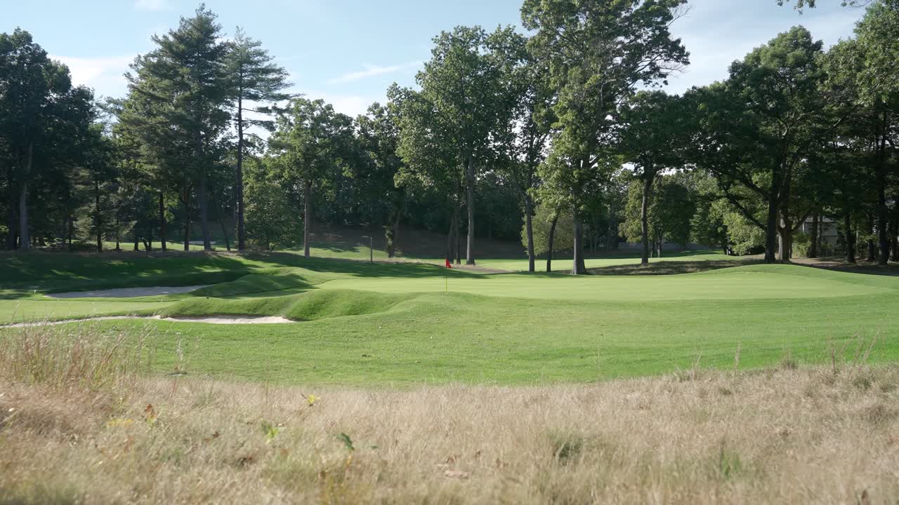 Un green di campo da golf splendidamente curato, con bunker di sabbia, terreno ondulato e alberi ad alto fusto sotto un cielo azzurro e limpido.