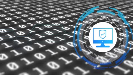 animación del procesamiento de datos con el icono del escudo sobre fondo azul